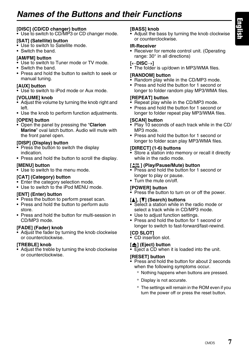 Names of the buttons and their functions, English | Clarion CMD5 User Manual | Page 7 / 38