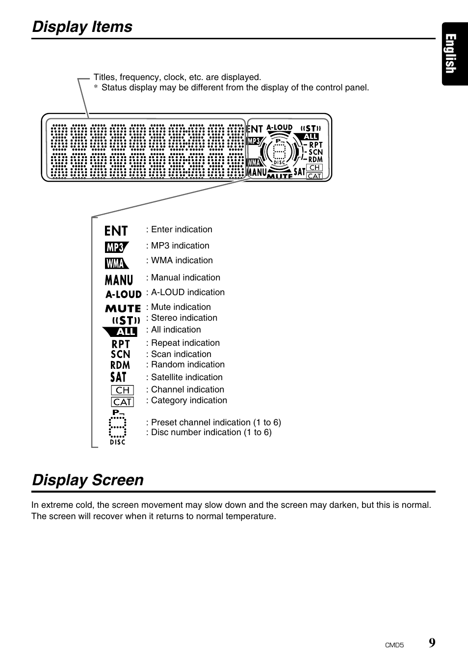 Display items display screen, English | Clarion CMD5 User Manual | Page 9 / 38
