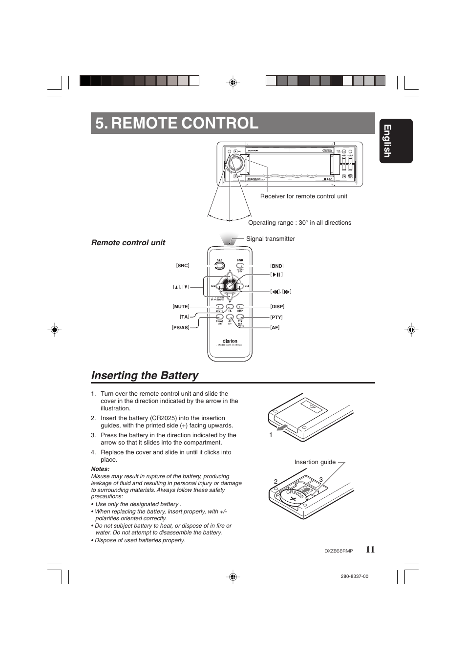 Remote control, Inserting the battery, English | Remote control unit | Clarion DXZ868RMP User Manual | Page 11 / 56