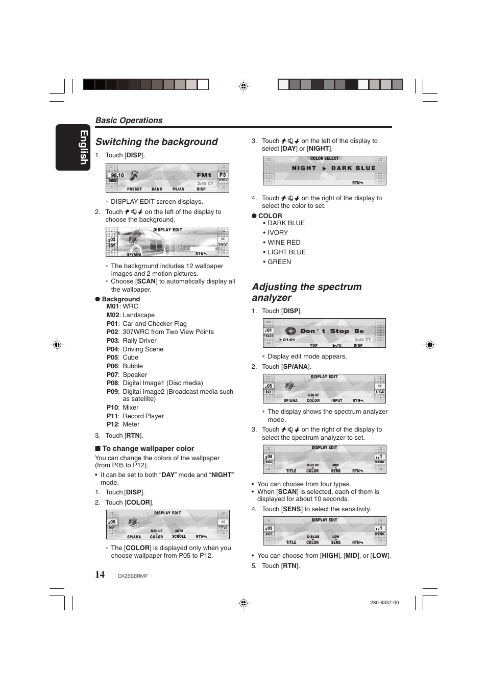 English 14, Switching the background, Adjusting the spectrum analyzer | Basic operations | Clarion DXZ868RMP User Manual | Page 14 / 56