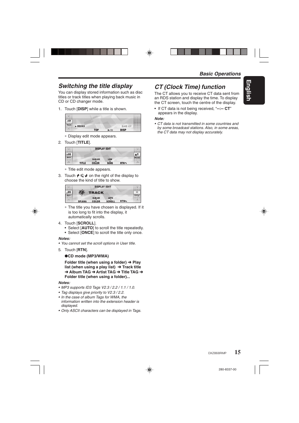 English, Switching the title display, Ct (clock time) function | Basic operations | Clarion DXZ868RMP User Manual | Page 15 / 56