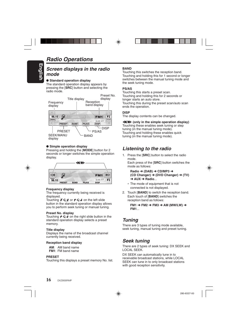 Radio operations, English 16, Screen displays in the radio mode | Listening to the radio, Tuning, Seek tuning | Clarion DXZ868RMP User Manual | Page 16 / 56