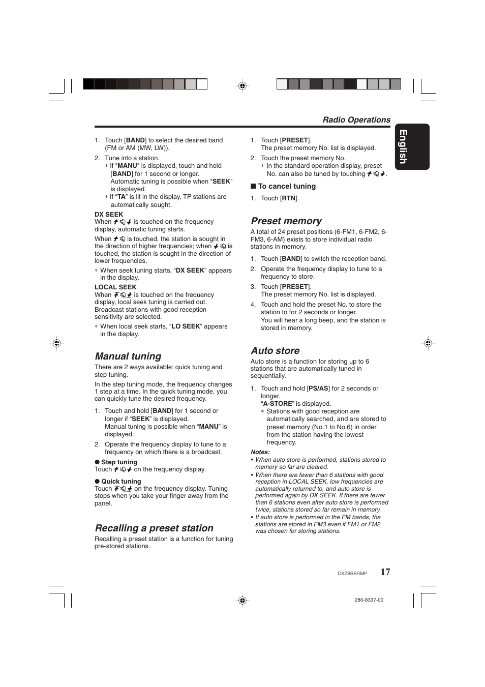 English, Manual tuning, Recalling a preset station | Auto store | Clarion DXZ868RMP User Manual | Page 17 / 56