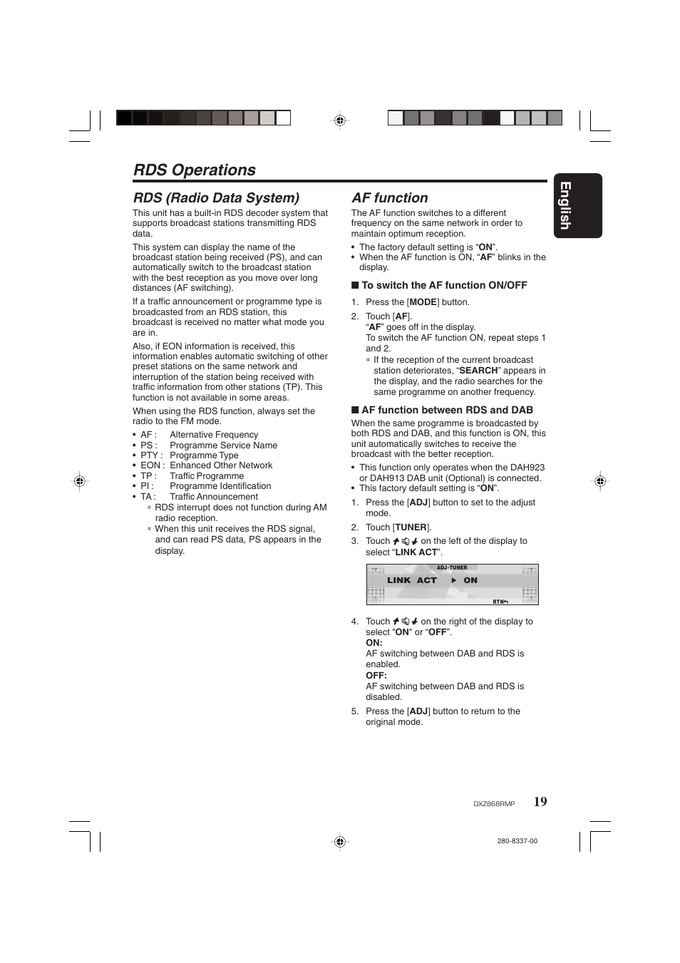 Rds operations, English, 19 rds (radio data system) | Af function | Clarion DXZ868RMP User Manual | Page 19 / 56