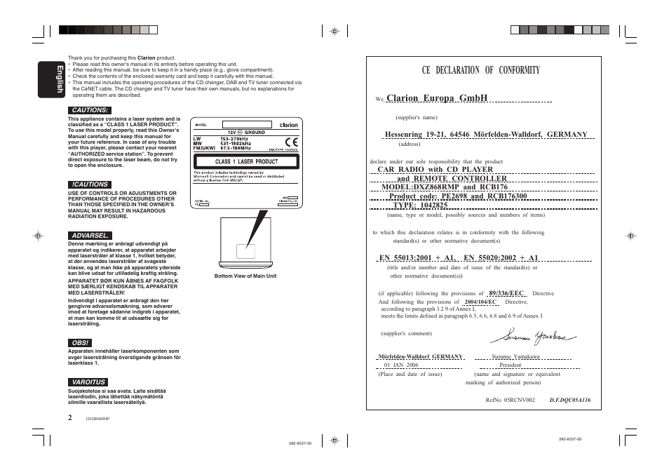 Ce declaration of conformity, Clarion europa gmbh, English 2 | Clarion DXZ868RMP User Manual | Page 2 / 56