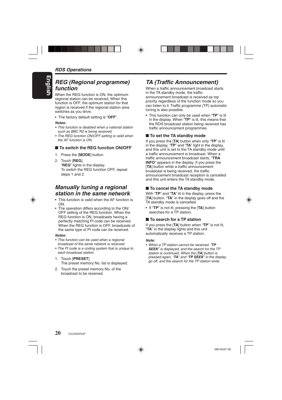 English 20, Reg (regional programme) function, Ta (traffic announcement) | Clarion DXZ868RMP User Manual | Page 20 / 56