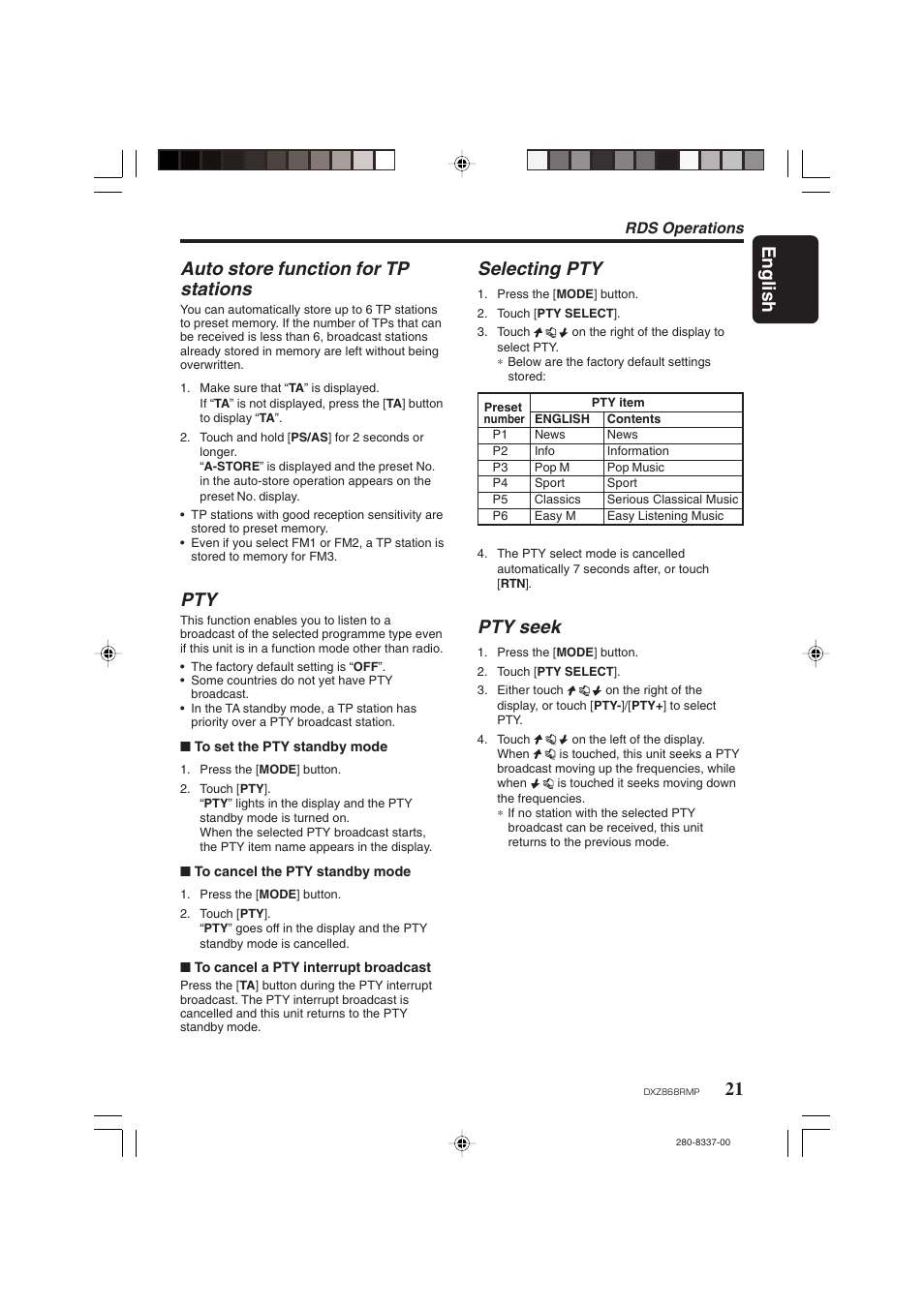 English, 21 selecting pty, Pty seek | Auto store function for tp stations | Clarion DXZ868RMP User Manual | Page 21 / 56