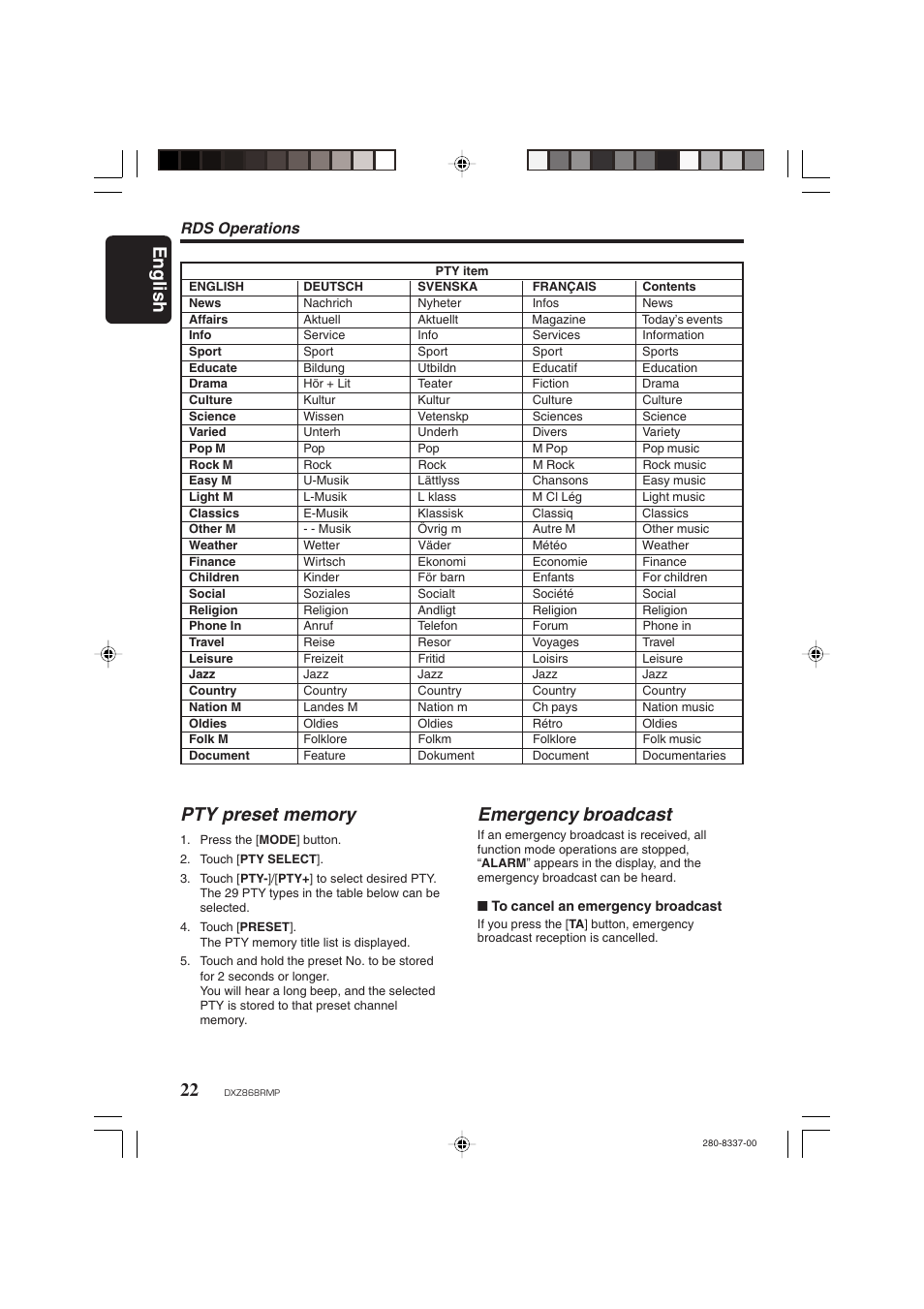 English 22, Emergency broadcast, Rds operations | Clarion DXZ868RMP User Manual | Page 22 / 56