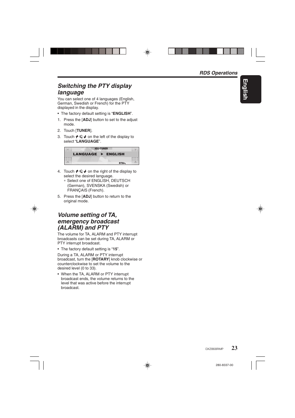 English, Switching the pty display language, Rds operations | Clarion DXZ868RMP User Manual | Page 23 / 56