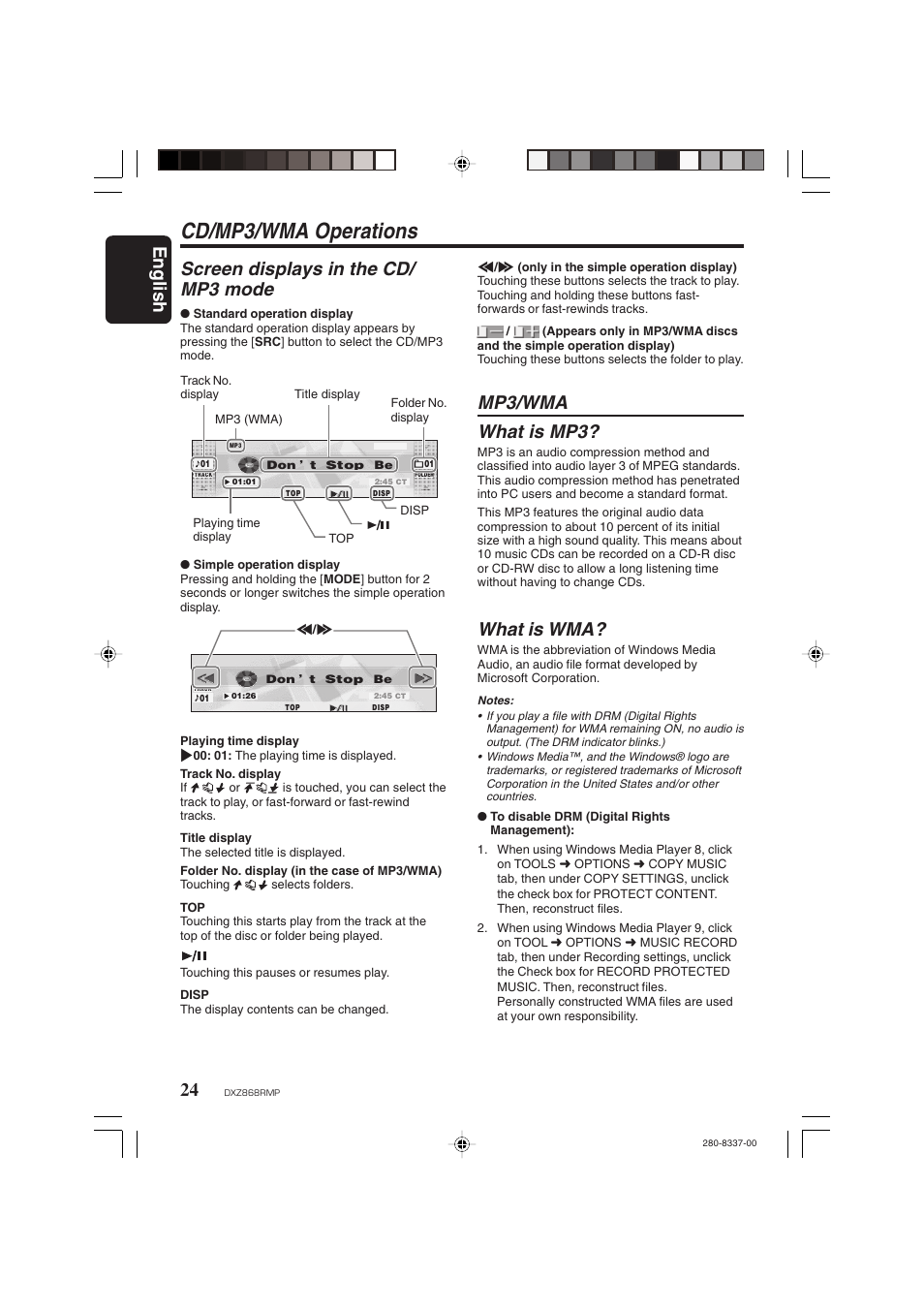 Cd/mp3/wma operations, English 24, Screen displays in the cd/ mp3 mode | Mp3/wma what is mp3, What is wma | Clarion DXZ868RMP User Manual | Page 24 / 56