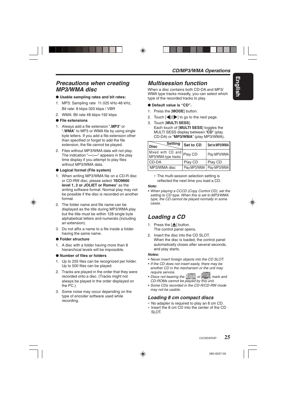 English, Precautions when creating mp3/wma disc, Multisession function | Loading a cd, Cd/mp3/wma operations, Loading 8 cm compact discs | Clarion DXZ868RMP User Manual | Page 25 / 56