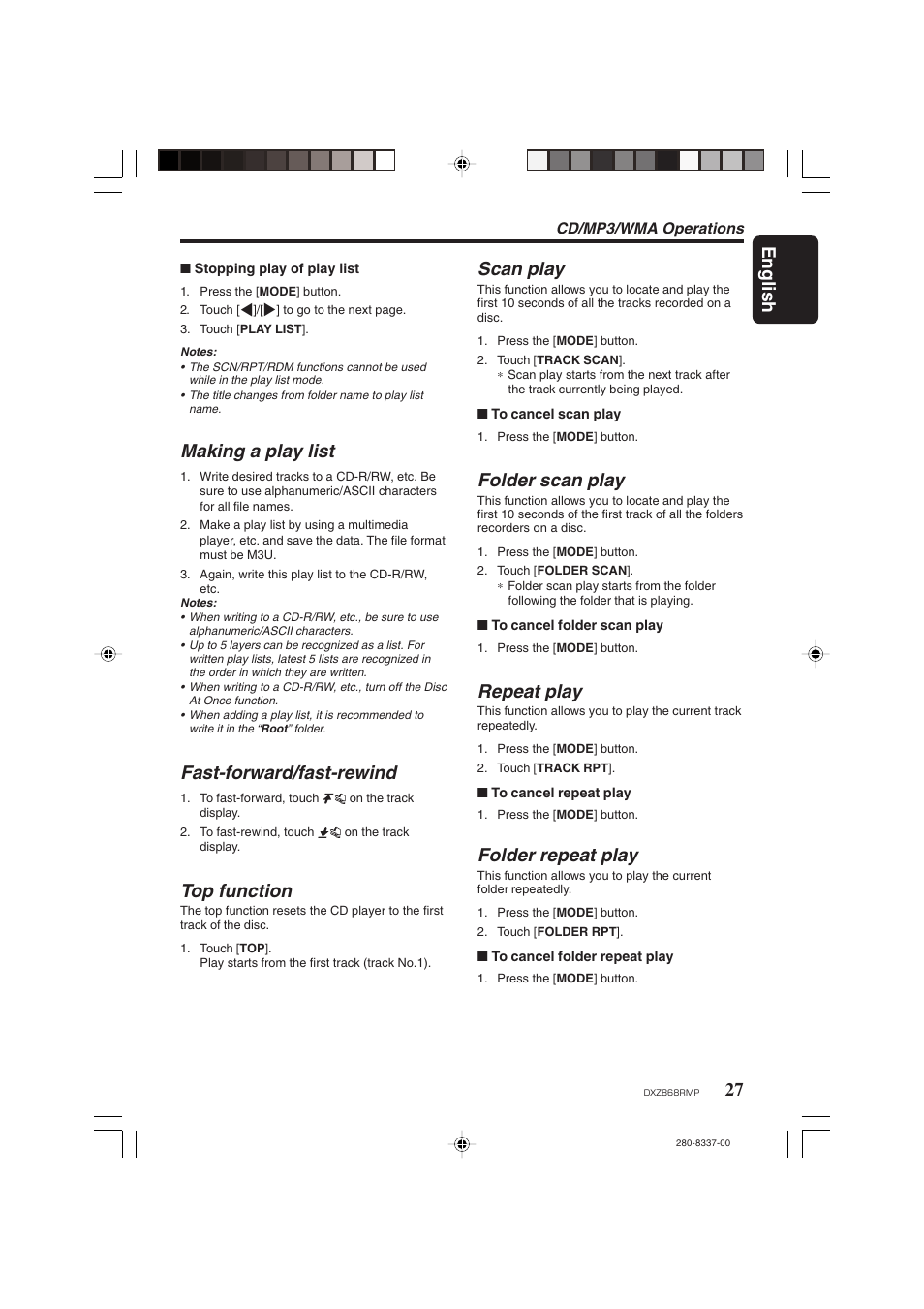 English, Making a play list, Fast-forward/fast-rewind | Top function, Scan play, Folder scan play, Repeat play, Folder repeat play | Clarion DXZ868RMP User Manual | Page 27 / 56