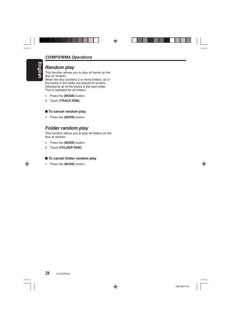 English 28, Random play, Folder random play | Clarion DXZ868RMP User Manual | Page 28 / 56