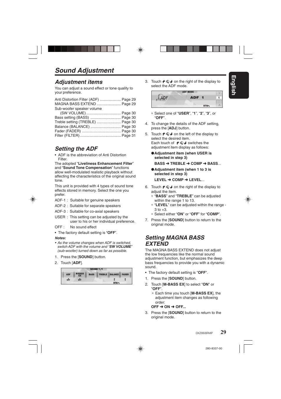 Sound adjustment, English, 29 adjustment items | Setting the adf, Setting magna bass extend | Clarion DXZ868RMP User Manual | Page 29 / 56