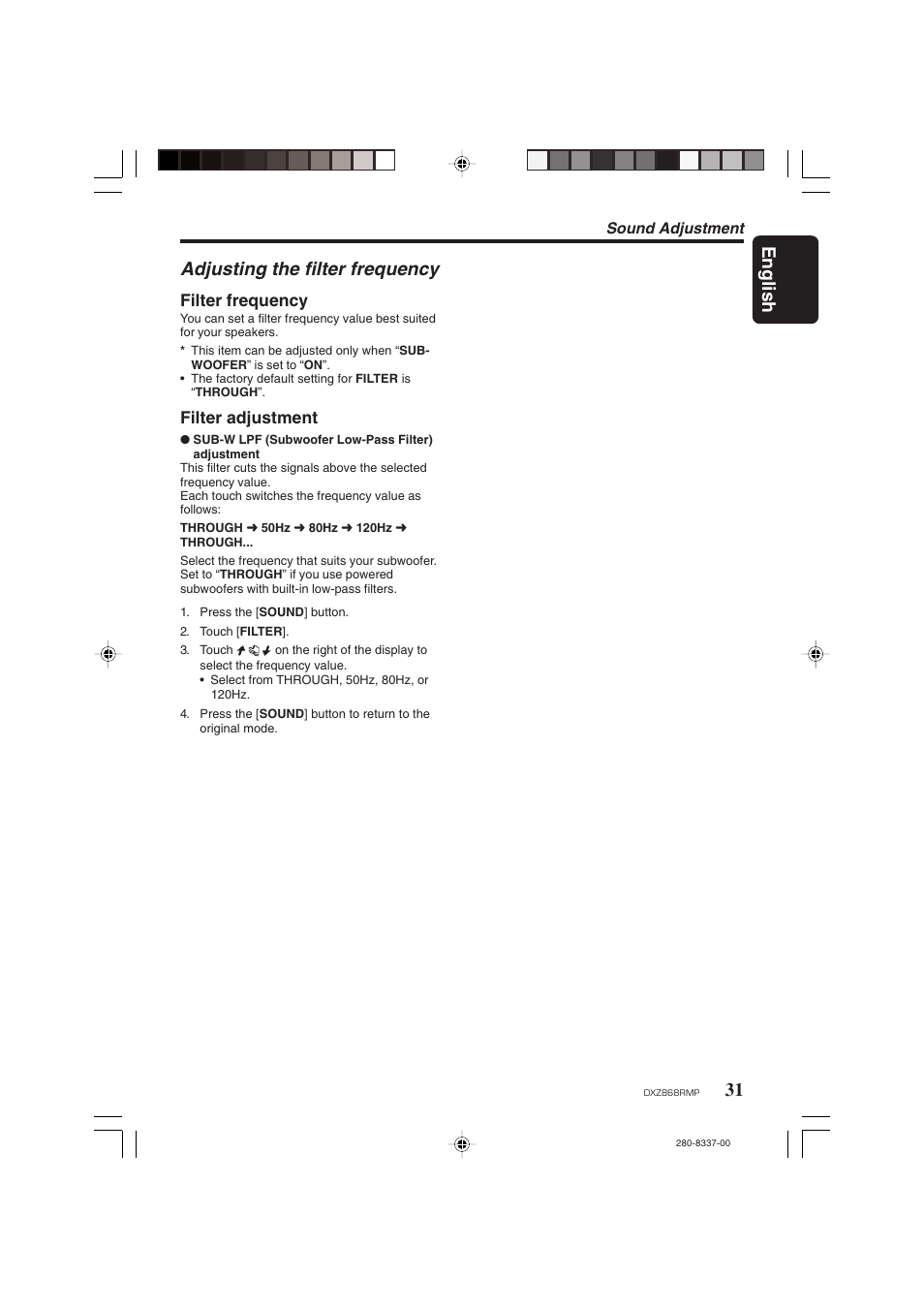 English, Adjusting the filter frequency, Filter frequency | Filter adjustment | Clarion DXZ868RMP User Manual | Page 31 / 56