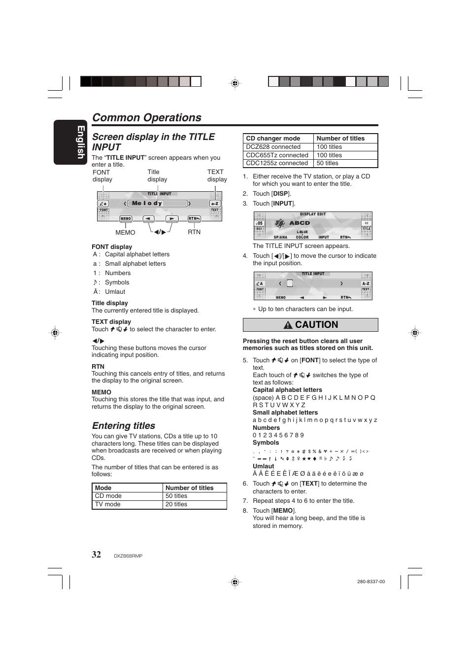 Common operations, English 32, Screen display in the title input | Entering titles, Caution | Clarion DXZ868RMP User Manual | Page 32 / 56