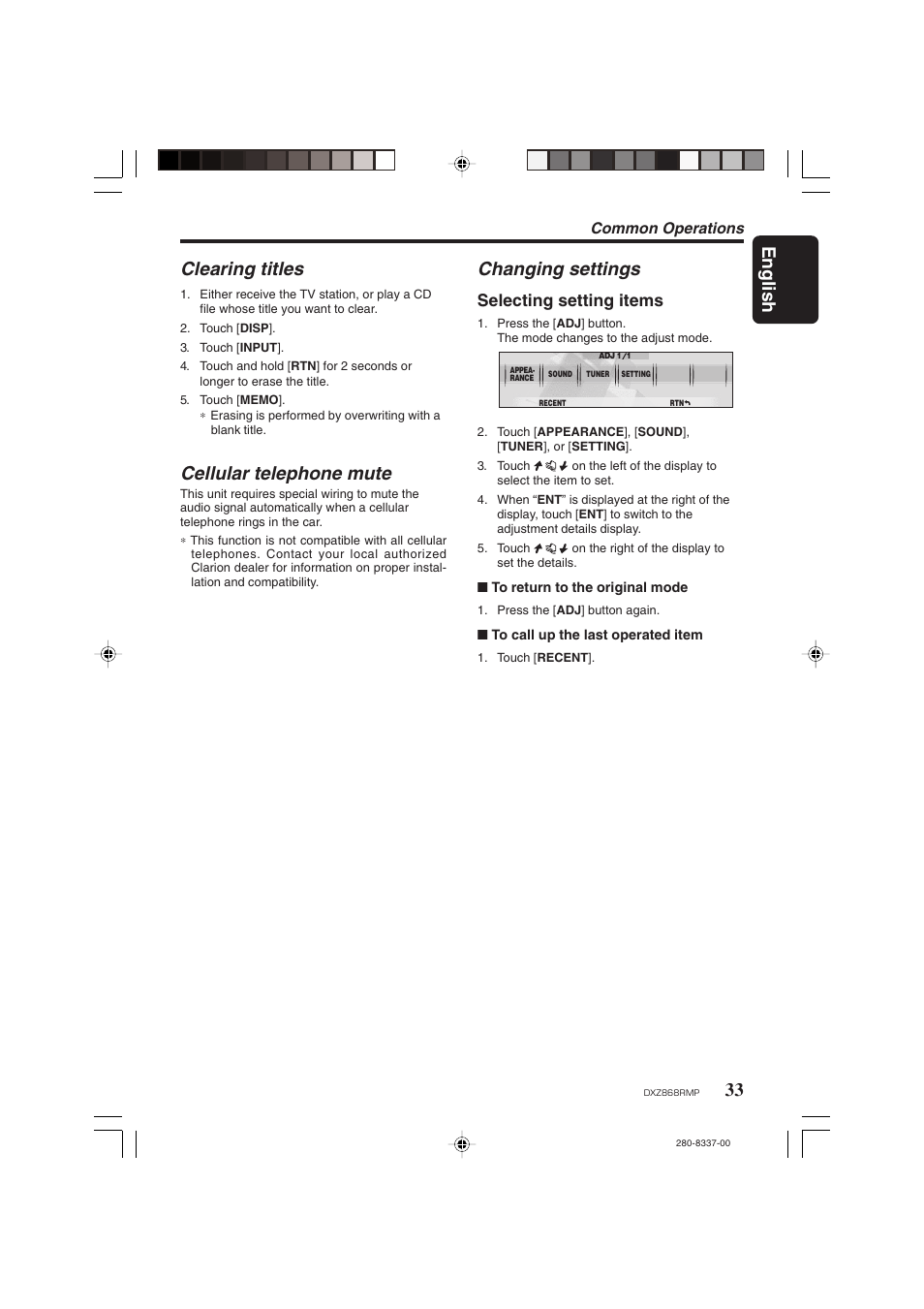 English, Clearing titles, Cellular telephone mute | Changing settings, Selecting setting items, Common operations | Clarion DXZ868RMP User Manual | Page 33 / 56