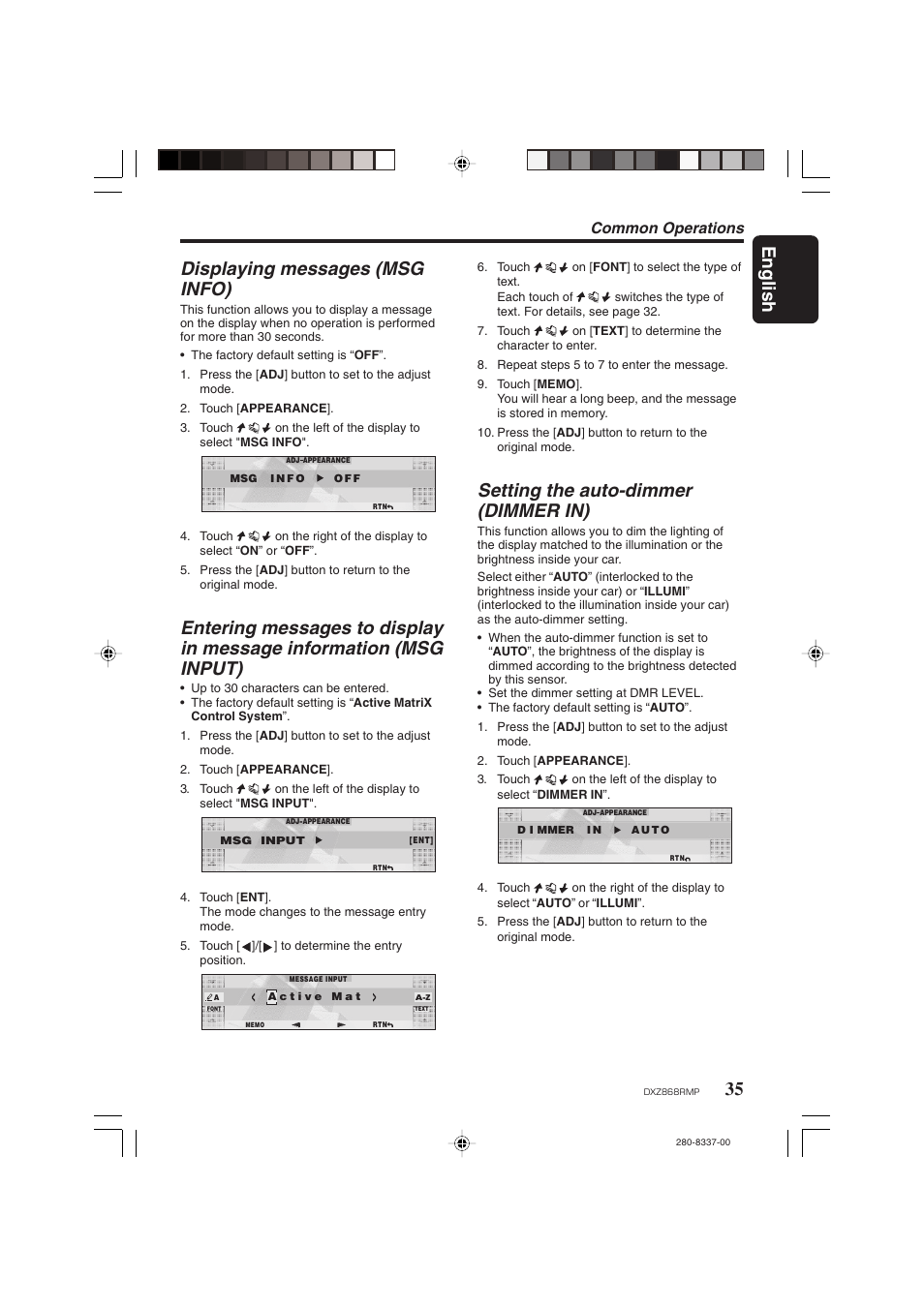 English, Displaying messages (msg info), Setting the auto-dimmer (dimmer in) | Common operations | Clarion DXZ868RMP User Manual | Page 35 / 56