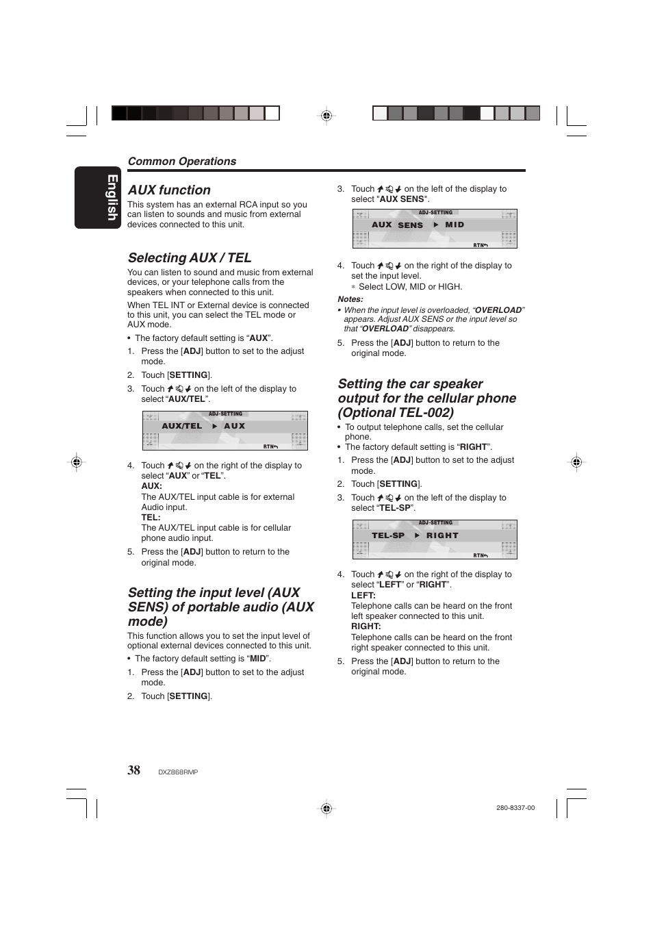 English 38, Aux function, Selecting aux / tel | Common operations | Clarion DXZ868RMP User Manual | Page 38 / 56