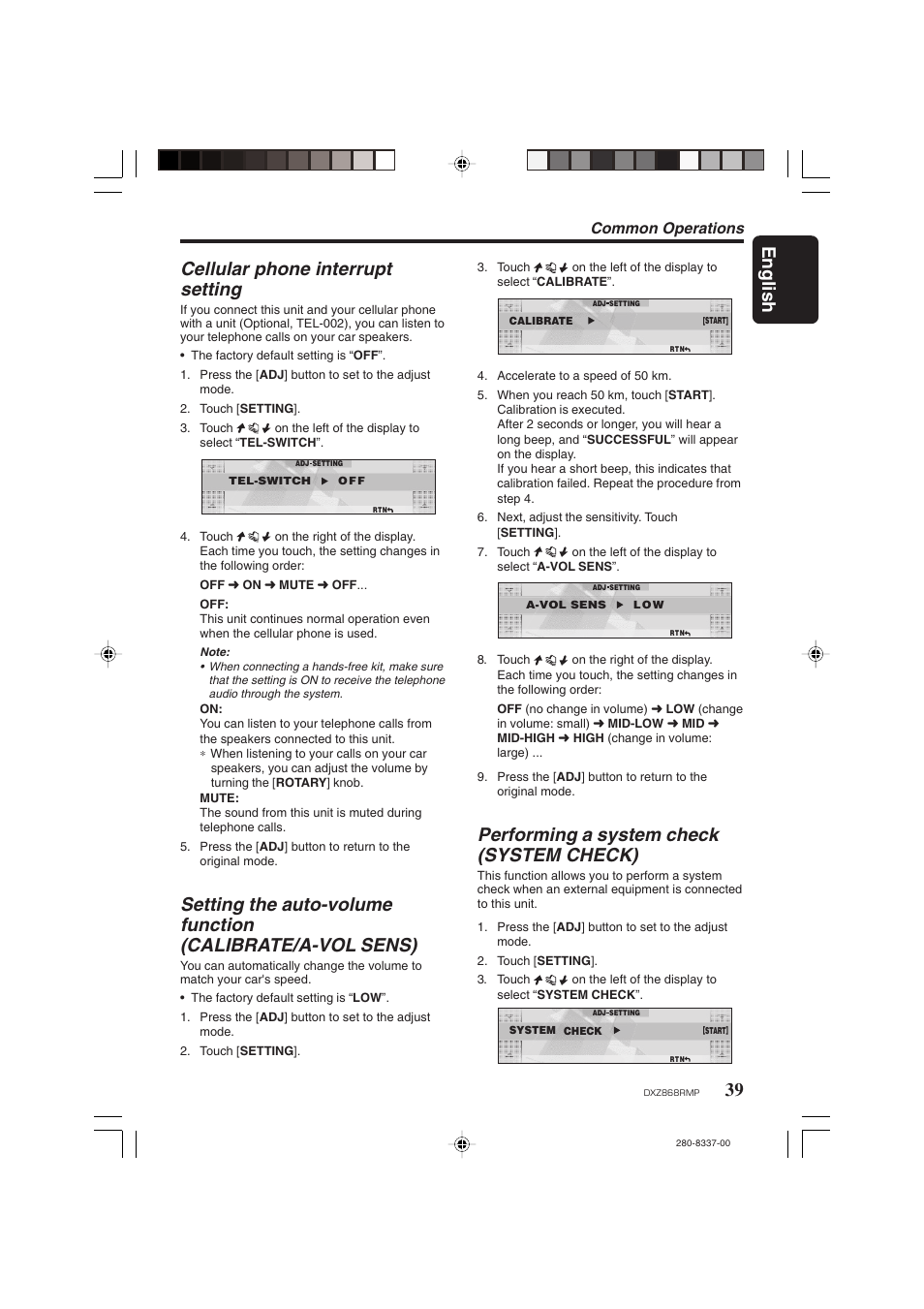 English, Cellular phone interrupt setting, Performing a system check (system check) | Common operations | Clarion DXZ868RMP User Manual | Page 39 / 56