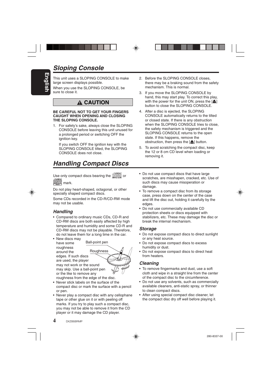 Sloping console, Handling compact discs, English | Caution | Clarion DXZ868RMP User Manual | Page 4 / 56