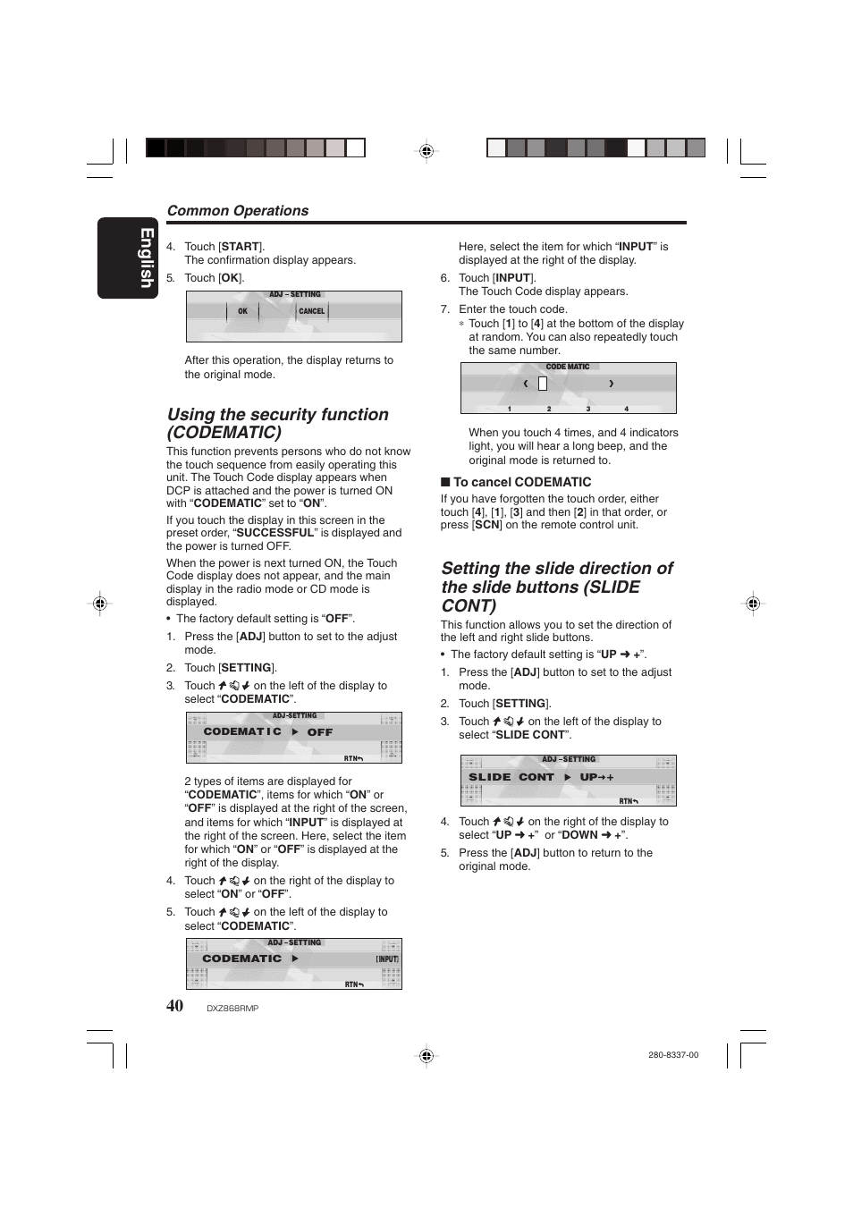 English 40, Using the security function (codematic), Common operations | Clarion DXZ868RMP User Manual | Page 40 / 56