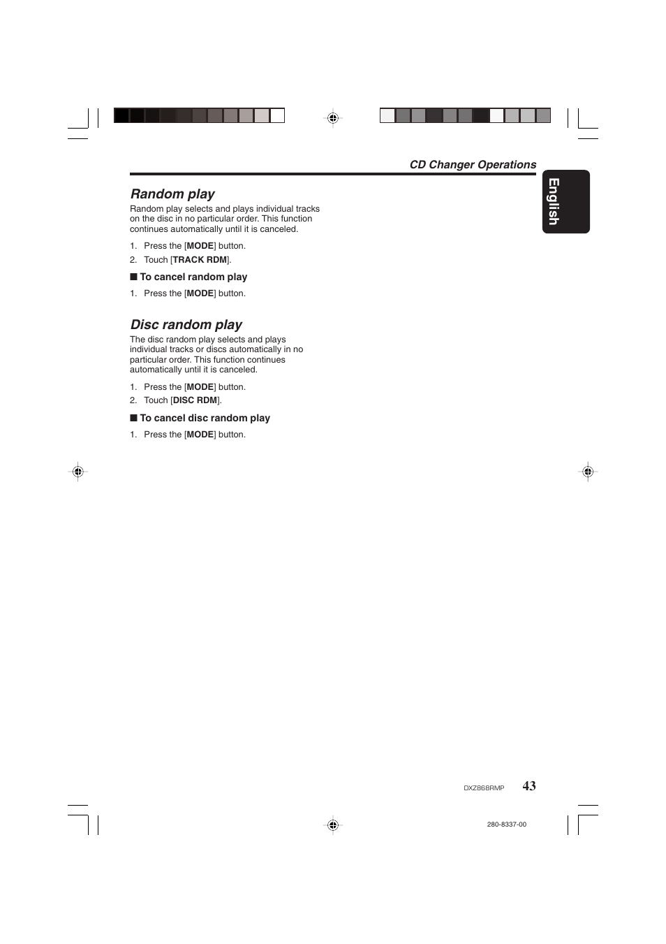 English, Random play, Disc random play | Clarion DXZ868RMP User Manual | Page 43 / 56