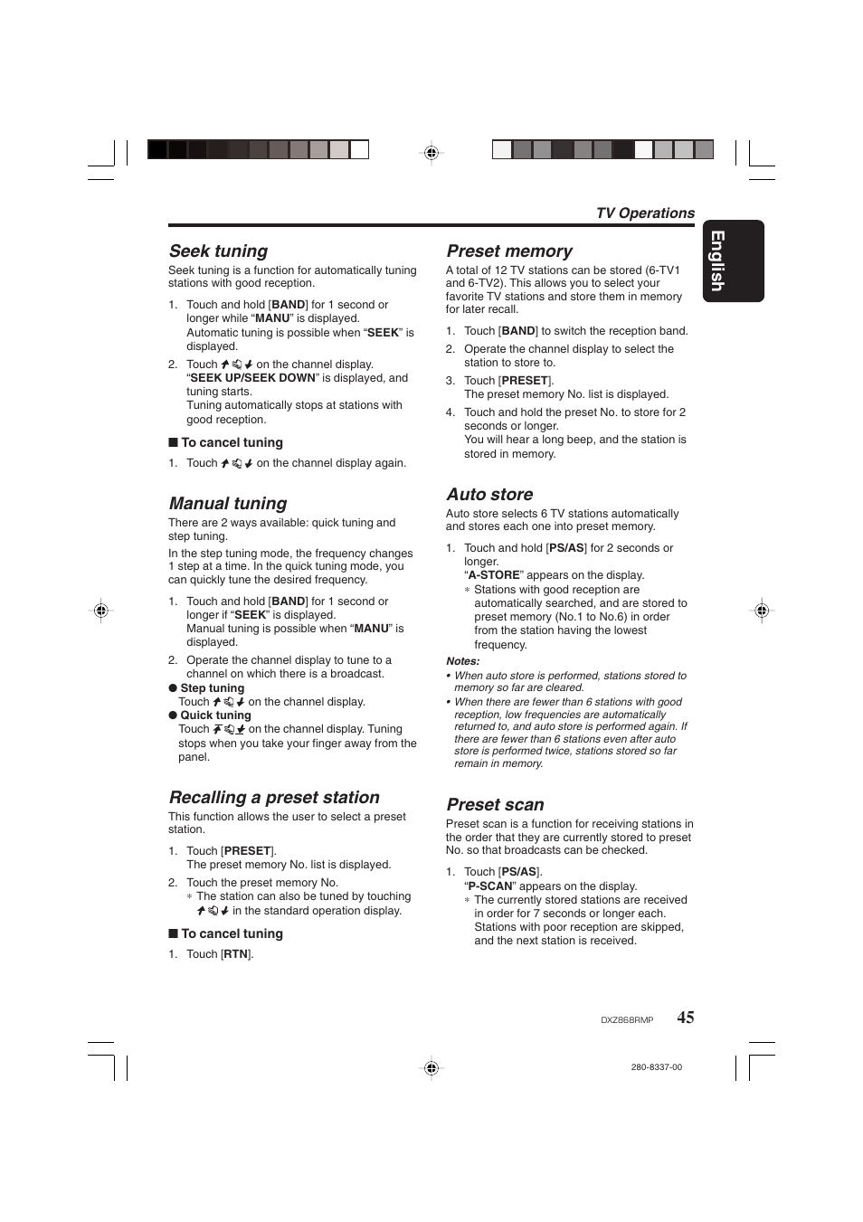 English, 45 seek tuning, Manual tuning | Recalling a preset station, Auto store, Preset scan | Clarion DXZ868RMP User Manual | Page 45 / 56