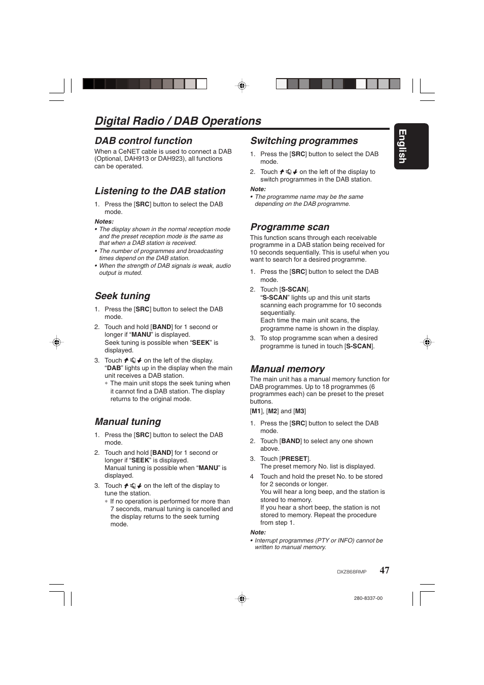 Digital radio / dab operations, English, 47 dab control function | Listening to the dab station, Seek tuning, Manual tuning, Switching programmes, Programme scan | Clarion DXZ868RMP User Manual | Page 47 / 56