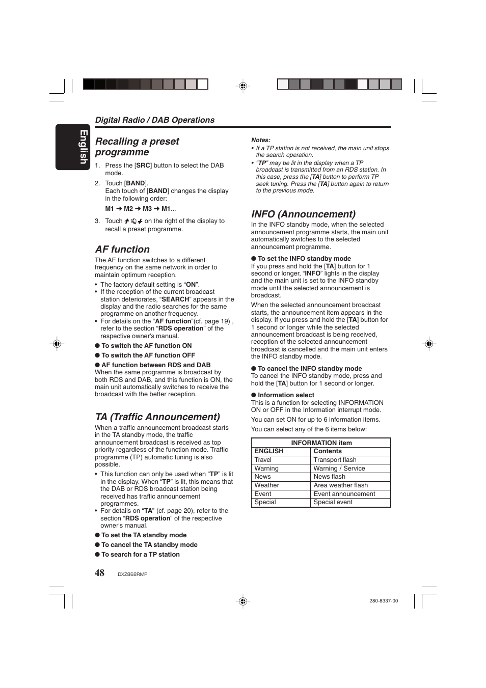 English 48, Recalling a preset programme, Af function | Ta (traffic announcement), Info (announcement) | Clarion DXZ868RMP User Manual | Page 48 / 56