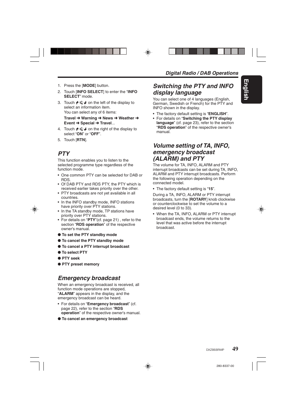 English, Emergency broadcast, Switching the pty and info display language | Clarion DXZ868RMP User Manual | Page 49 / 56