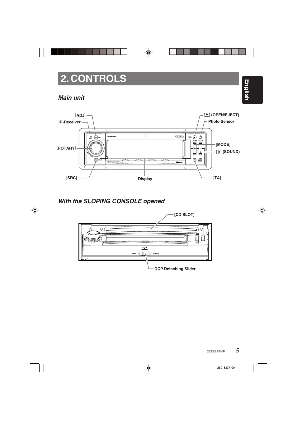 Controls, English, Main unit with the sloping console opened | Clarion DXZ868RMP User Manual | Page 5 / 56