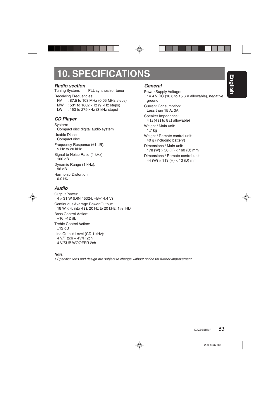 Specifications, English | Clarion DXZ868RMP User Manual | Page 53 / 56