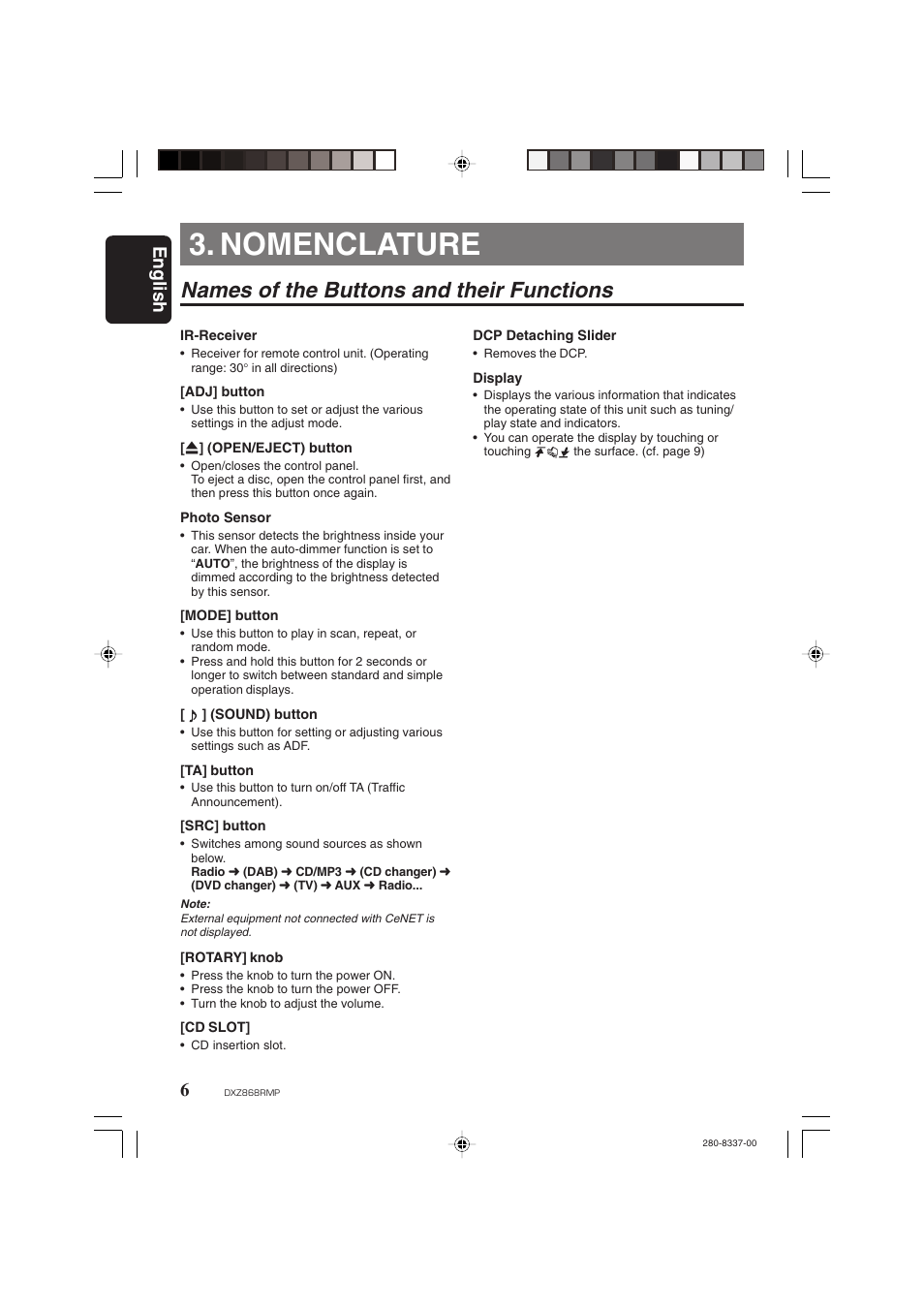 Nomenclature, Names of the buttons and their functions, English | Clarion DXZ868RMP User Manual | Page 6 / 56