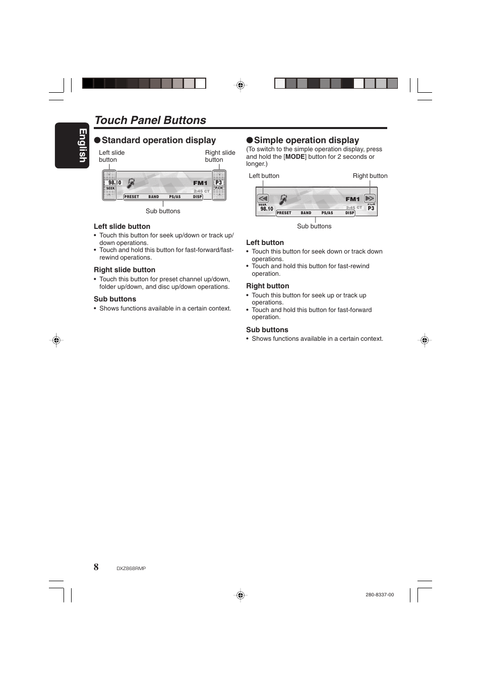 Touch panel buttons, English, Standard operation display | Simple operation display | Clarion DXZ868RMP User Manual | Page 8 / 56