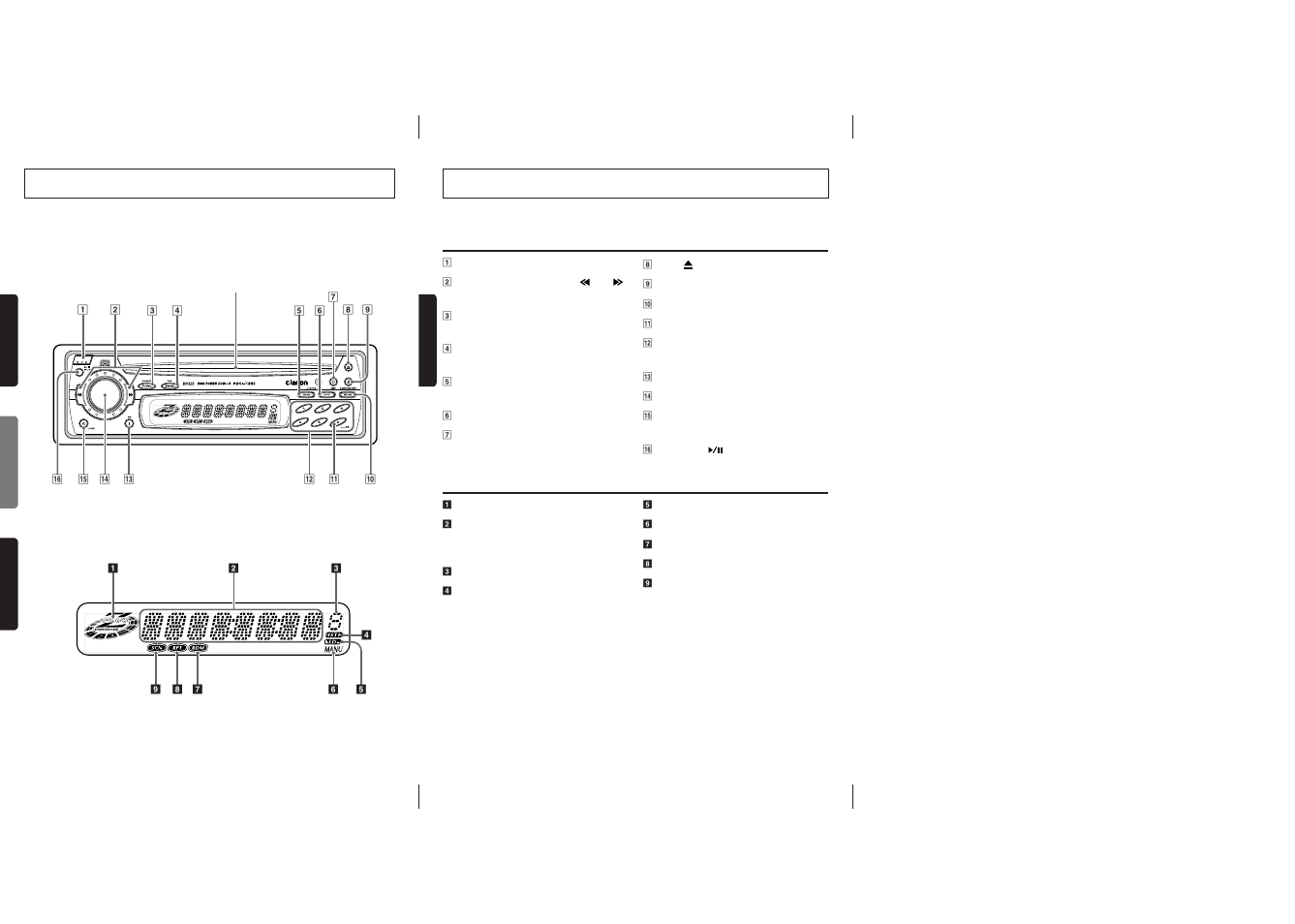 Controls / commandes / controles, Button terminology, English | English français español, Names of buttons, Display items | Clarion DB325 User Manual | Page 2 / 16