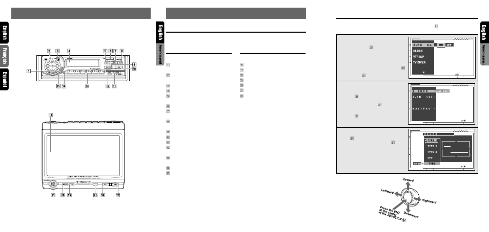 Nomenclature, Controls / commandes / controles, Names of buttons | Joystick operation | Clarion VRX6671Z User Manual | Page 4 / 39