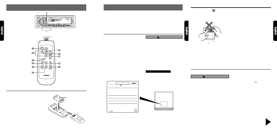 Precautions, Remote control, Handling md | Flip down panel, Inserting the batteries, Remote control unit, Caution, Handling, Storage, Cleaning | Clarion RMX855Dz User Manual | Page 3 / 26