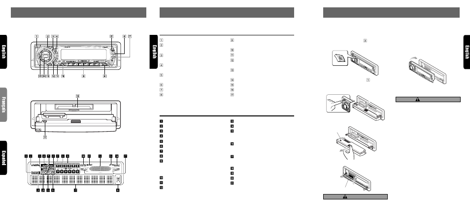 Nomenclature, Controls / les commandes / controles, Names of buttons | Display items, Caution, Source unit / appareil pilote / unidad fuente, Attaching the dcp, Removing the dcp | Clarion RMX855Dz User Manual | Page 4 / 26