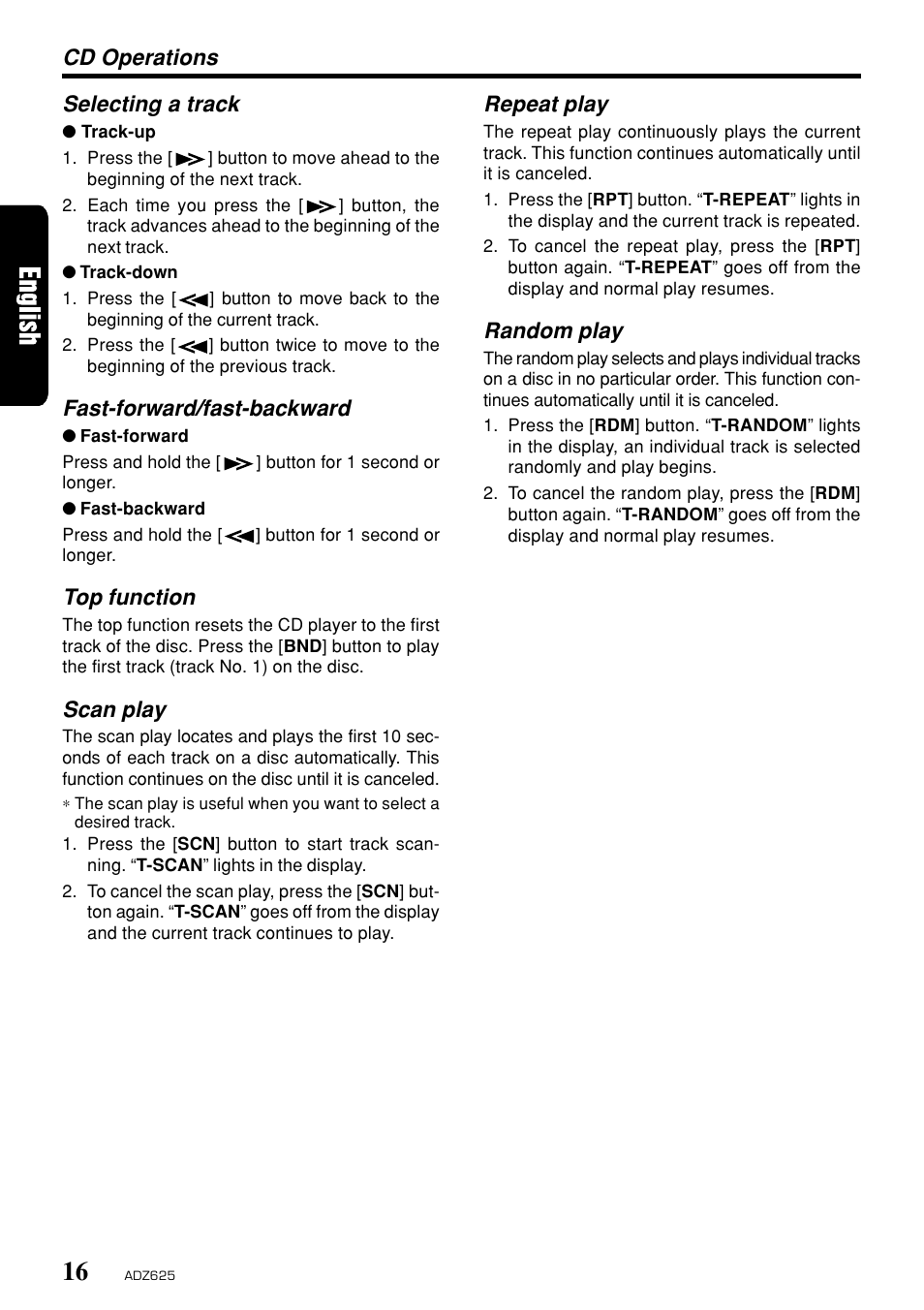 Selecting a track, Fast-forward/fast-backward, Top function | Scan play, Cd operations repeat play, Random play | Clarion ADZ625 User Manual | Page 12 / 104