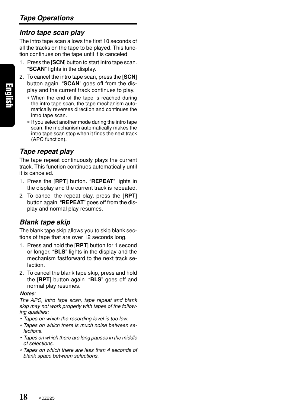 Intro tape scan play, Tape repeat play, Blank tape skip | Tape operations | Clarion ADZ625 User Manual | Page 14 / 104