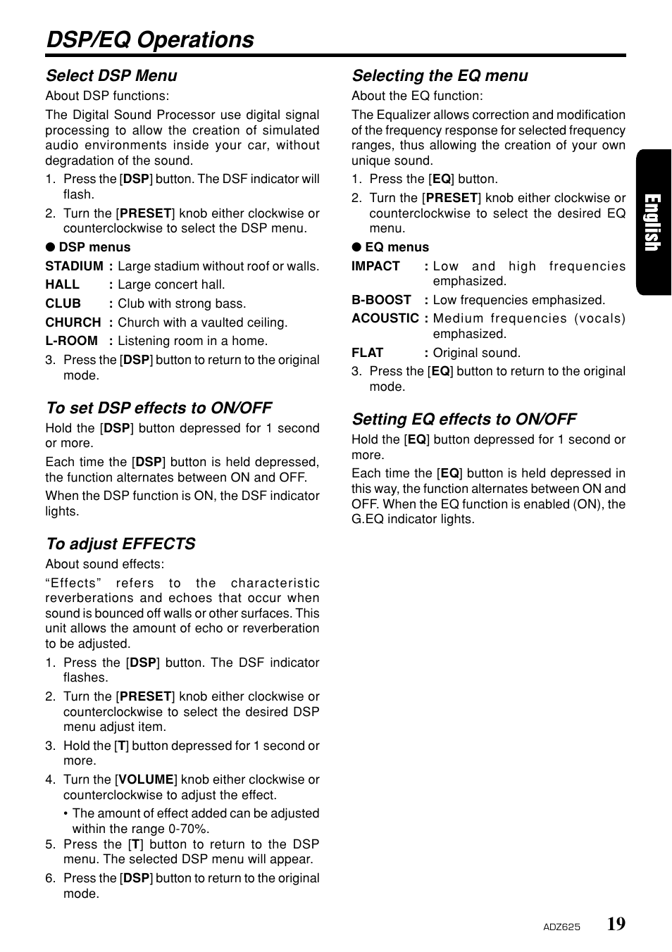 Dsp/eq operations, Select dsp menu, Selecting the eq menu | Setting eq effects to on/off | Clarion ADZ625 User Manual | Page 15 / 104