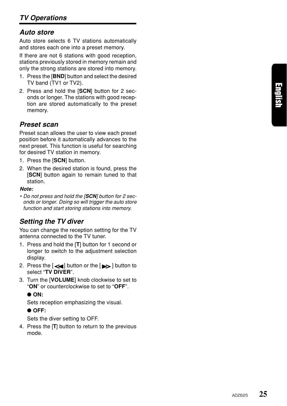 Auto store, Preset scan, Setting the tv diver | Tv operations | Clarion ADZ625 User Manual | Page 21 / 104