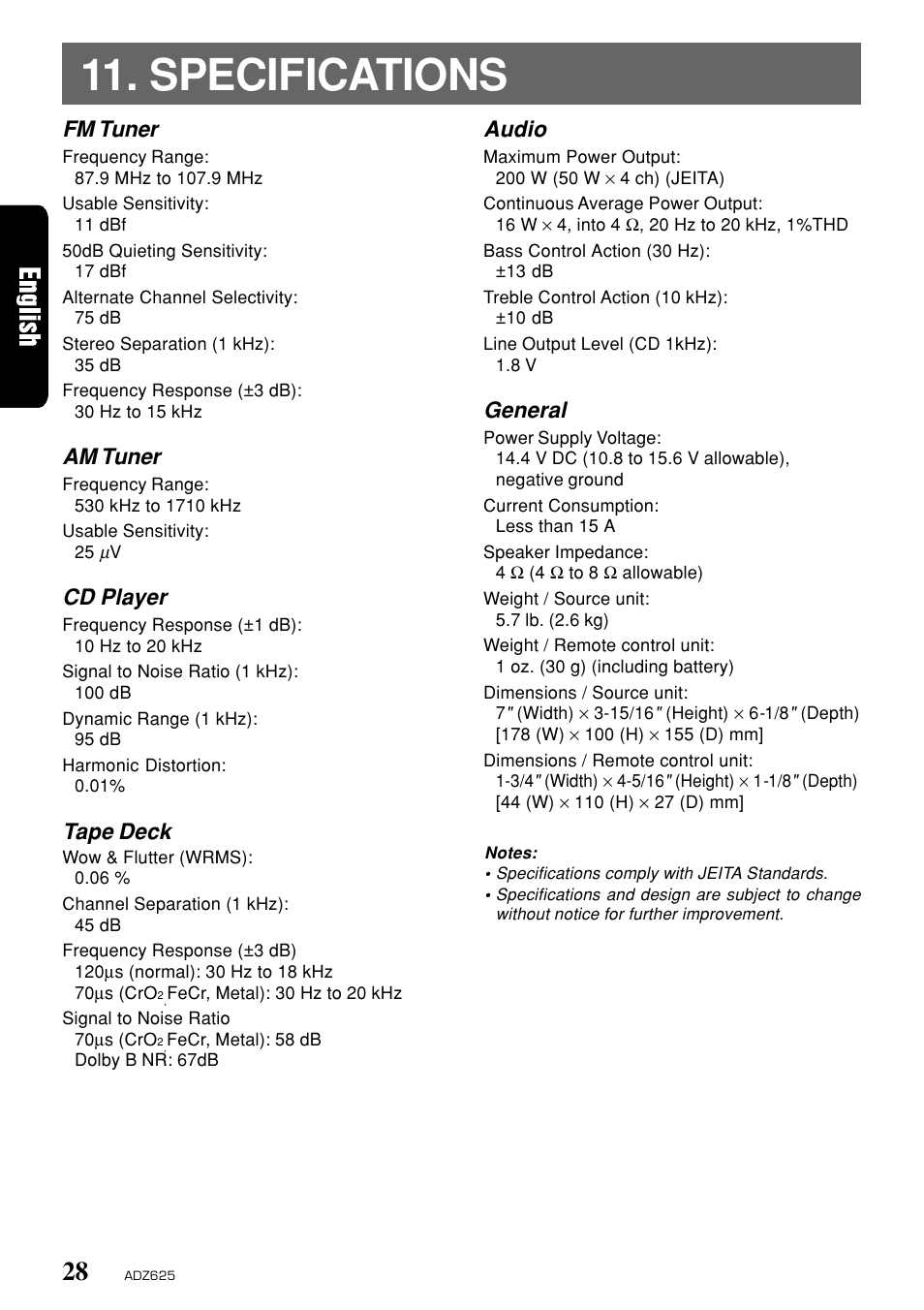 Specifications, Fm tuner, Am tuner | Cd player, Tape deck, Audio, General | Clarion ADZ625 User Manual | Page 24 / 104
