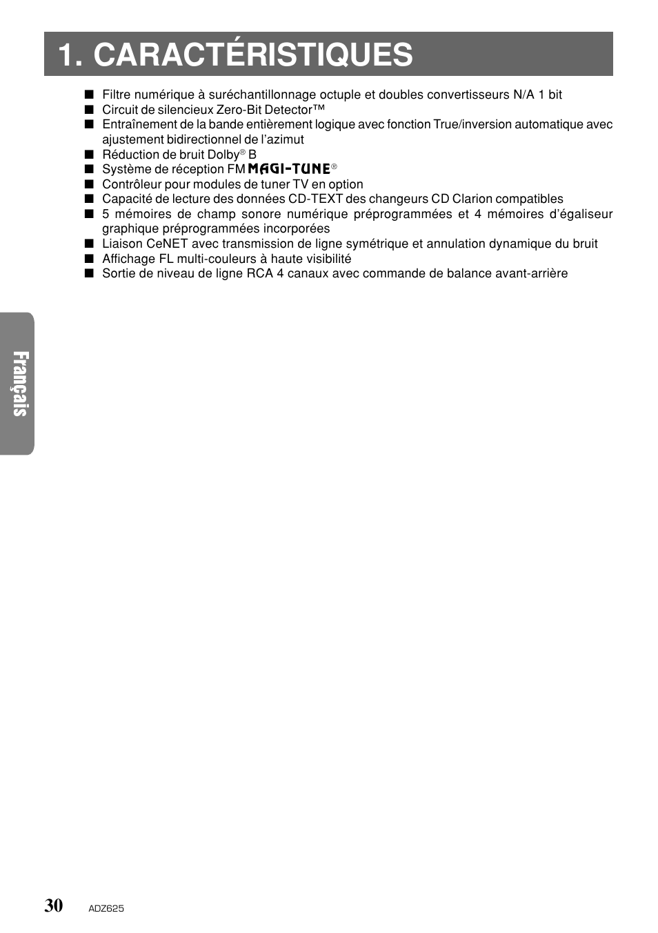 Caractéristiques | Clarion ADZ625 User Manual | Page 26 / 104