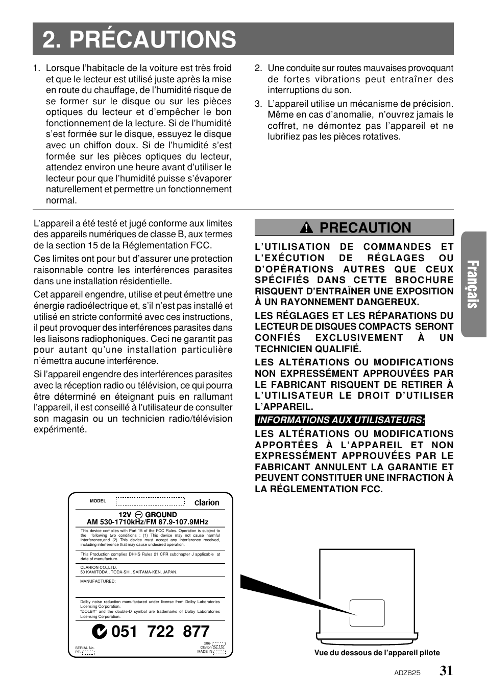 Précautions, 31 precaution | Clarion ADZ625 User Manual | Page 27 / 104