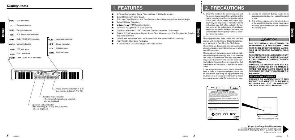 Features, Precautions, Display items | Caution | Clarion ADZ625 User Manual | Page 3 / 104