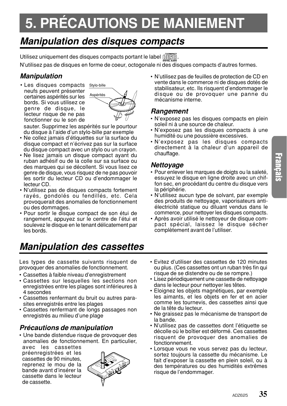 Précautions de maniement, Manipulation, Rangement | Nettoyage, Précautions de manipulation | Clarion ADZ625 User Manual | Page 31 / 104