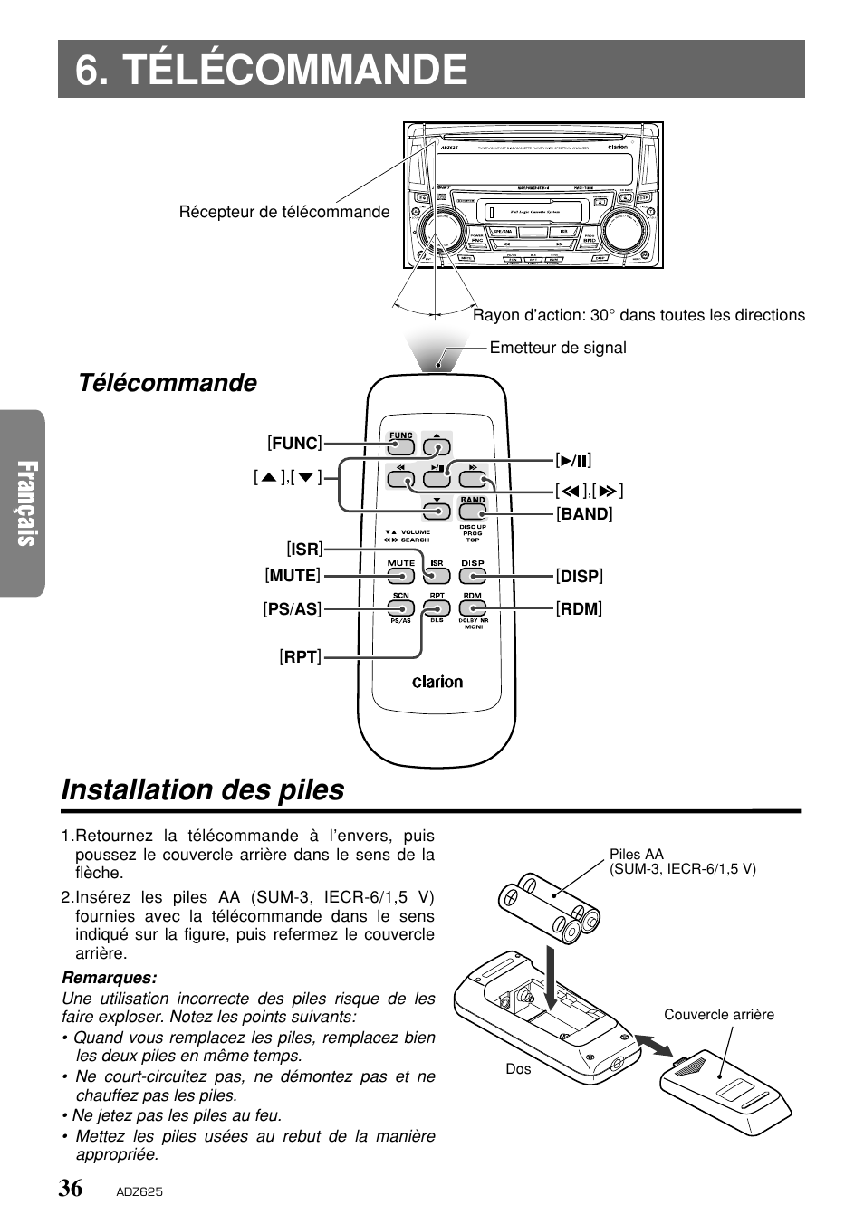 Télécommande, Installation des piles | Clarion ADZ625 User Manual | Page 32 / 104