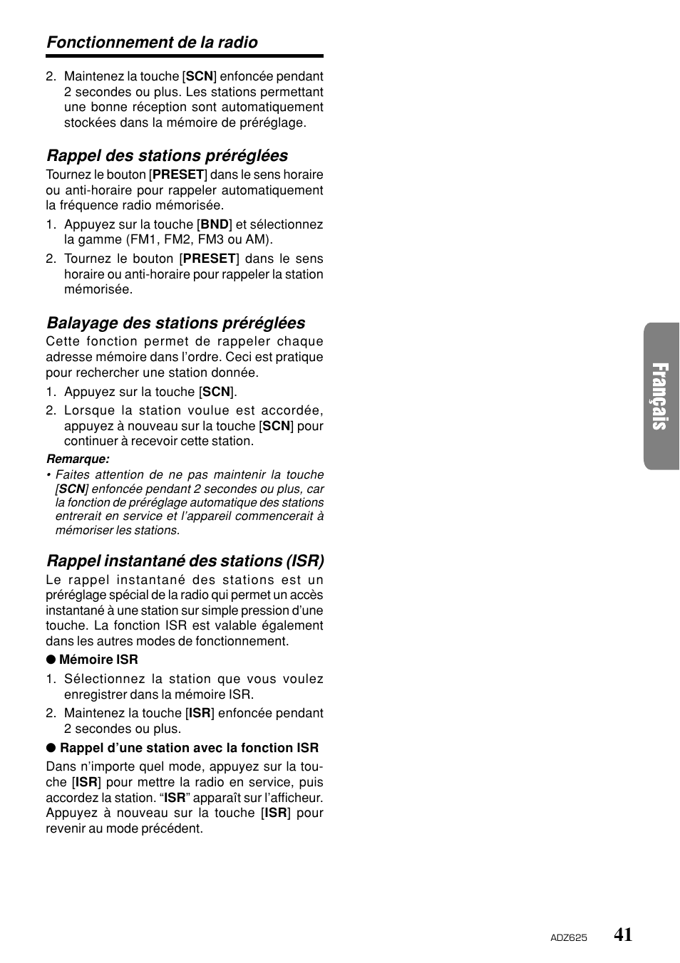 Fonctionnement de la radio, Rappel des stations préréglées, Balayage des stations préréglées | Rappel instantané des stations (isr) | Clarion ADZ625 User Manual | Page 37 / 104